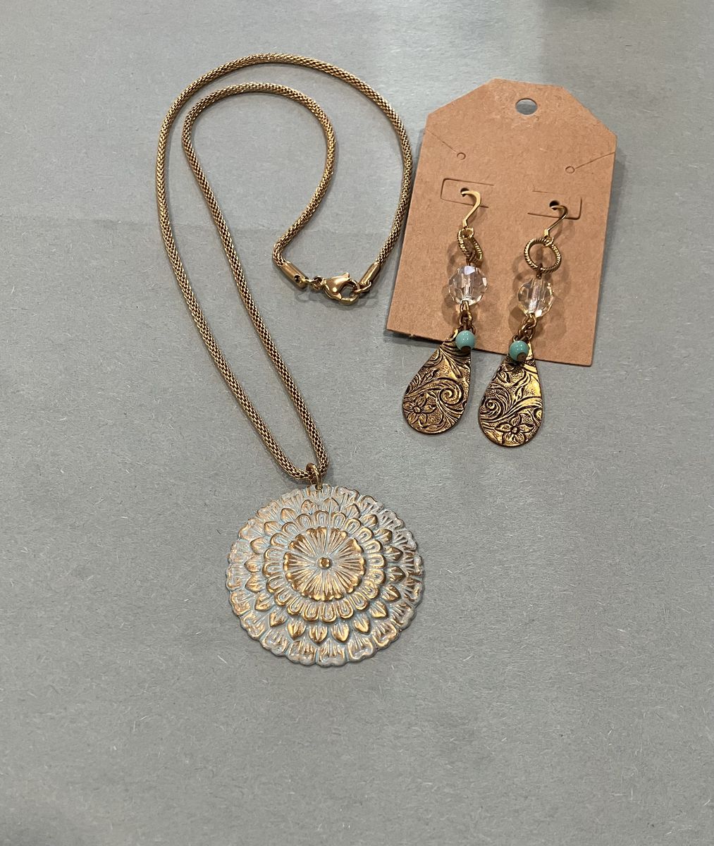 Brass & Gold Pendant Necklace And Brass Dangle Earrings