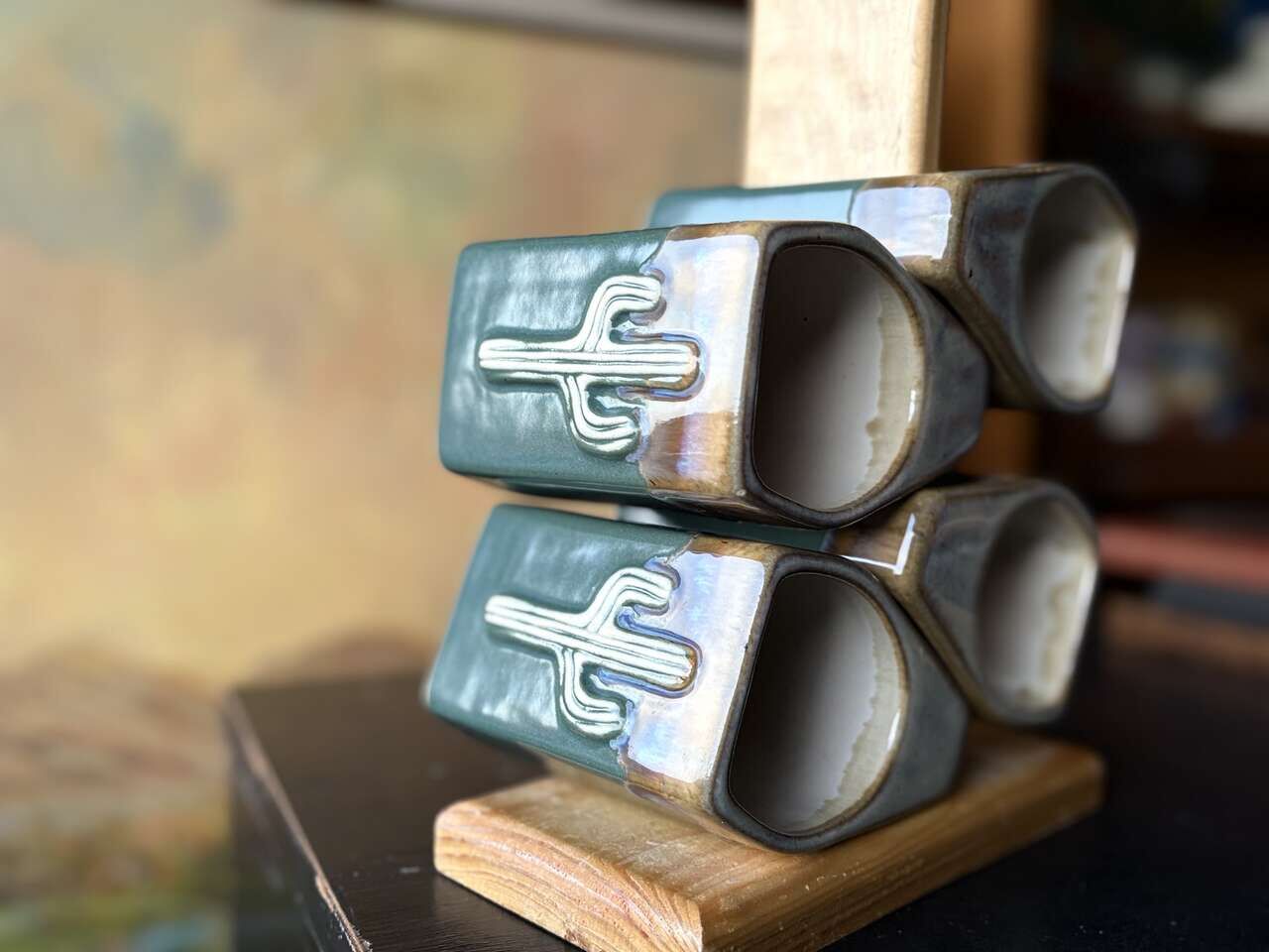 4 vintage Padilla drip glaze coffee mugs, cavtus, hand painted cactus design, coffee mugs on original stacking tree,