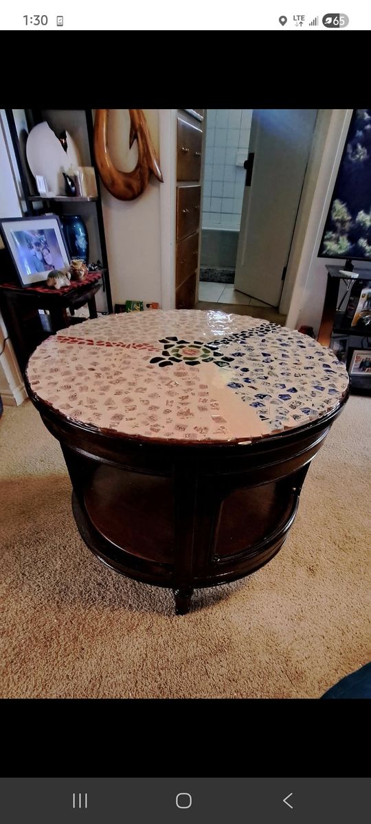 Unique Handmade Mosaic Round Coffee Table - White, Blue, Red Tiles