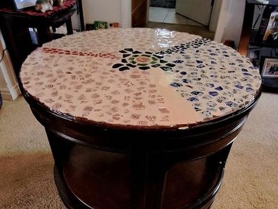 Unique Handmade Mosaic Round Coffee Table - White, Blue, Red Tiles