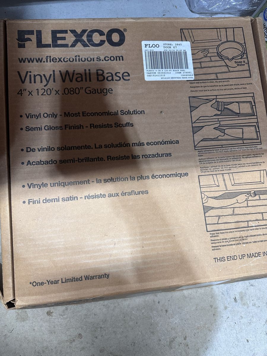 FLEXCO Vinyl Wall Base 4" x 120' x .080" Gauge, Semi-Gloss Finish
