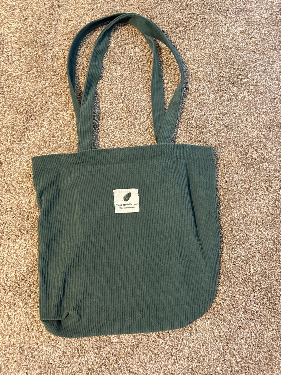 Green Corduroy Tote Bag - "You need this one" Feather Patch Accent