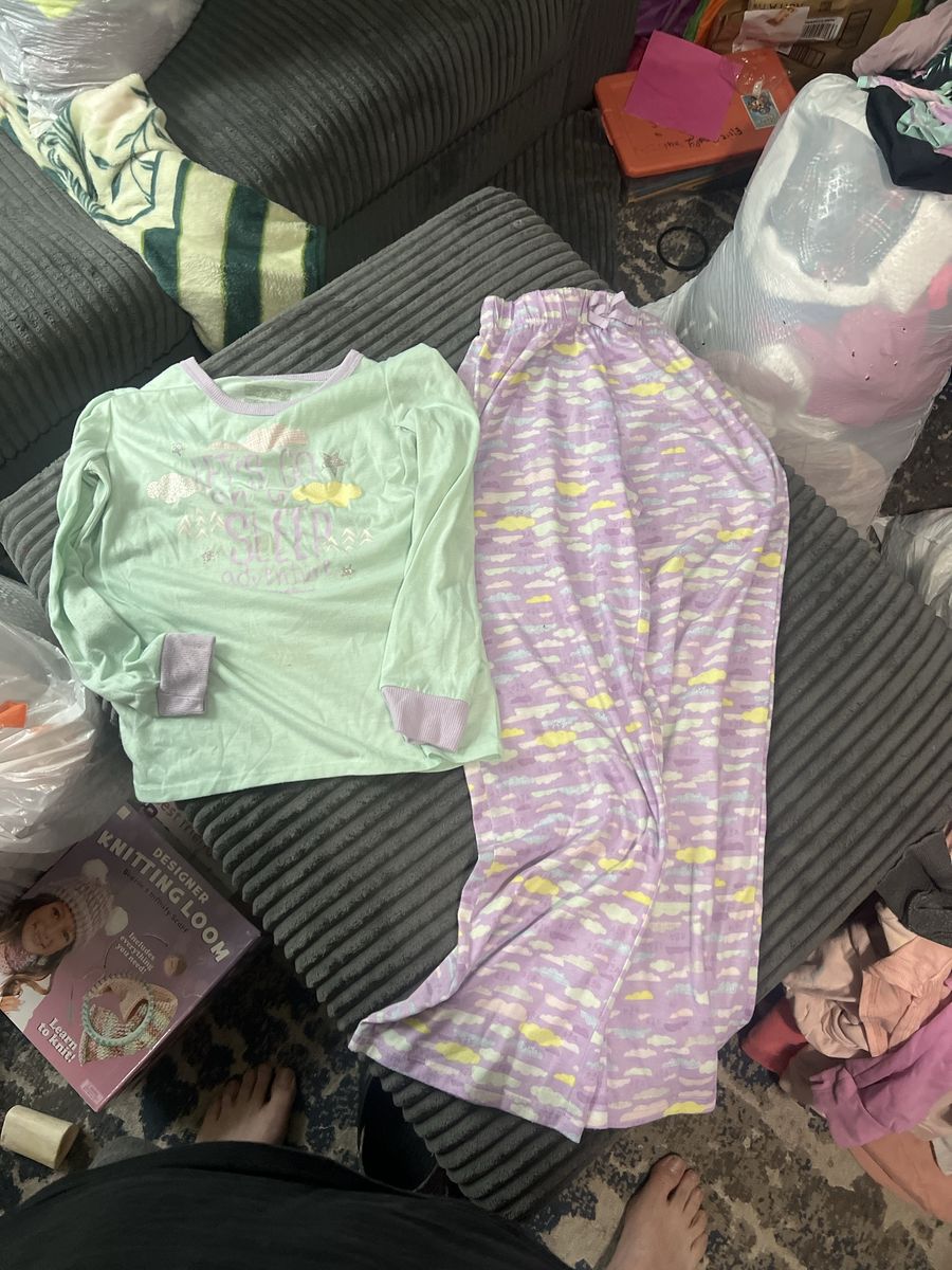 Eddie Bauer Girls Pajama Set Size 14/16 Mint Green Purple Cloud Pants