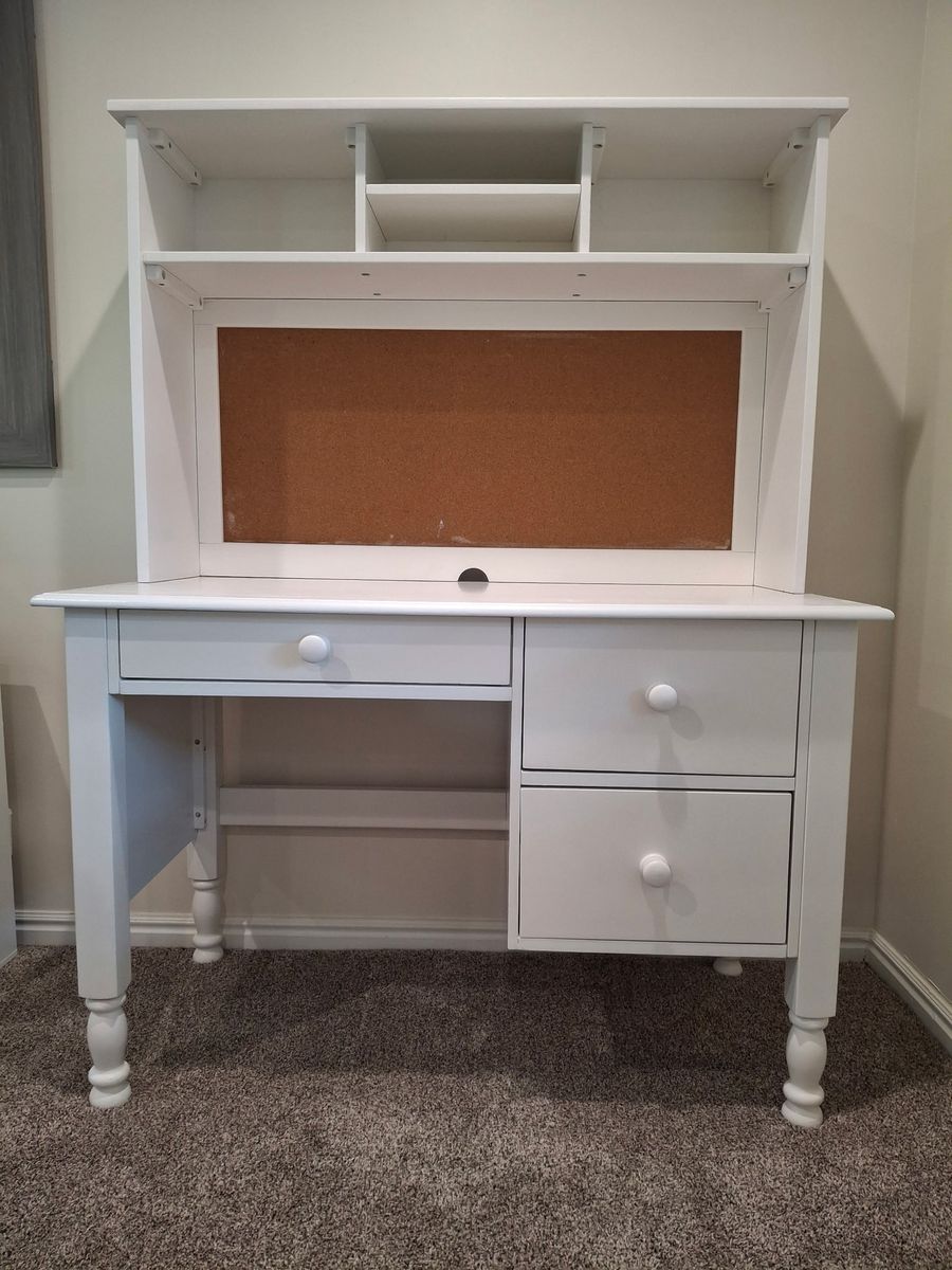 Pottery Barn Kids White Desk with Hutch and Cork Board