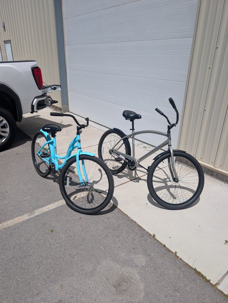 $200 OBO 
Two Beach Cruiser Bikes - 1 Blue, 1 Grey, Single Speed, Comfortable Ride