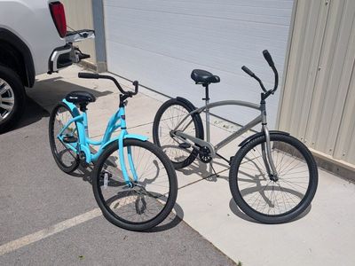 $200 OBO
Two Beach Cruiser Bikes - 1 Blue, 1 Grey, Single Speed, Comfortable Ride