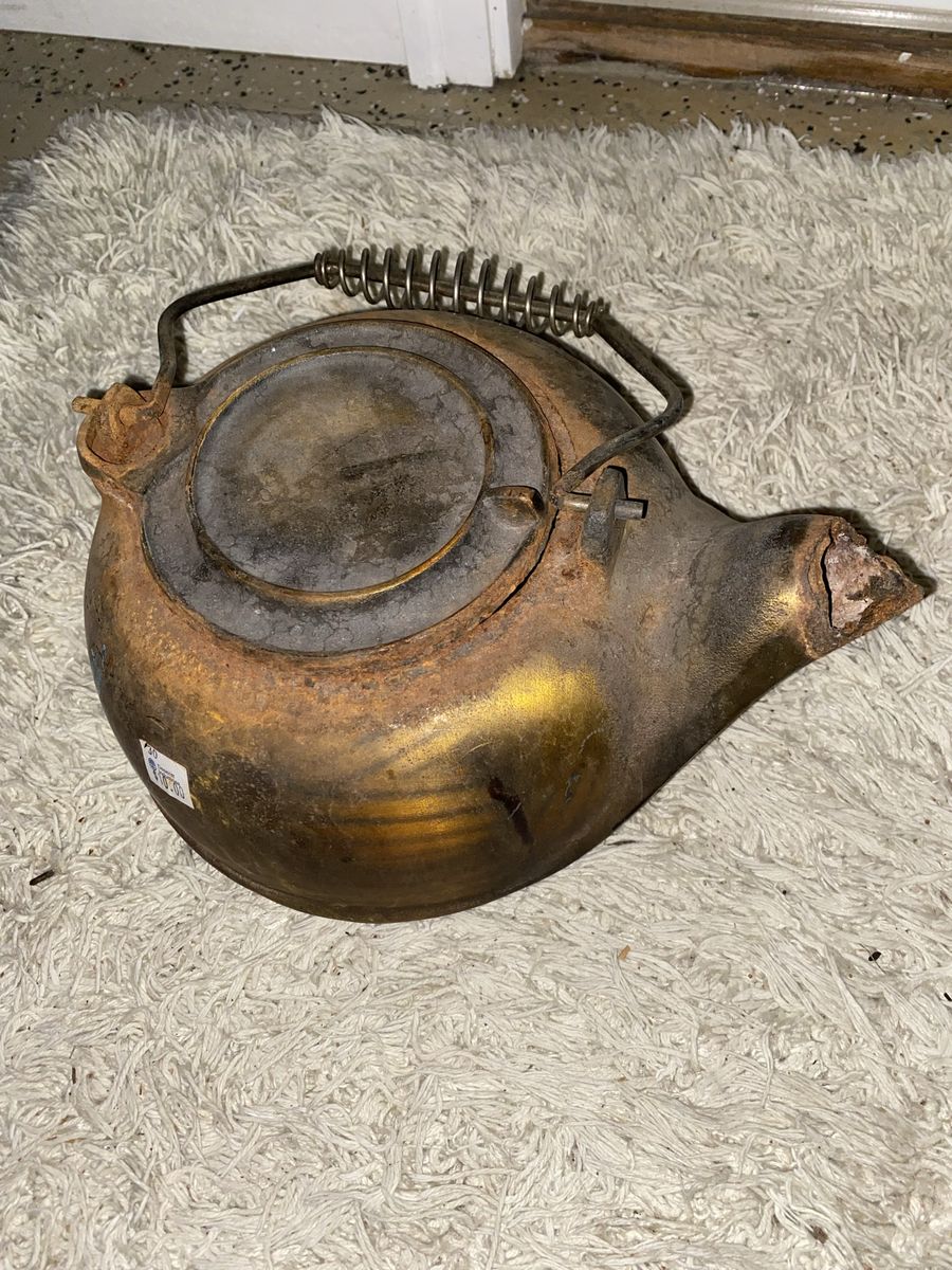 Antique Cast Iron Tea Kettle with Wire Handle Rust Rustic Decorative Piece