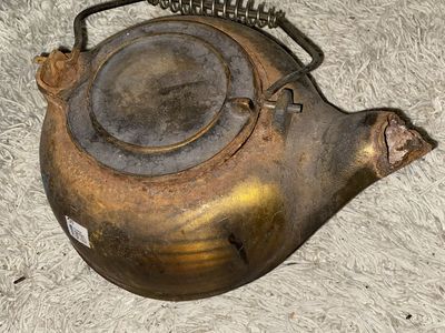 Antique Cast Iron Tea Kettle with Wire Handle Rust Rustic Decorative Piece
