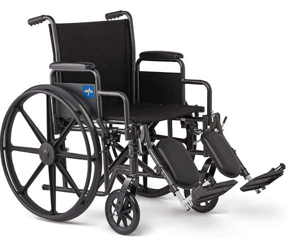 Medline Comfortable Folding Wheelchair with Swing-Back, Desk-Length Arms and Elevating Footrests, 18”W x 16”D Seat