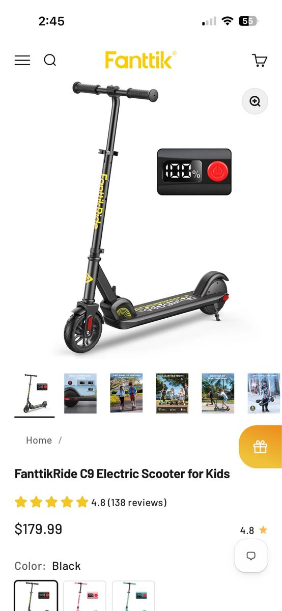 Kids Electric Scooter - Brand New Assembled FanttikRide C9 Kids Electric Scooter - Black, With Charger
