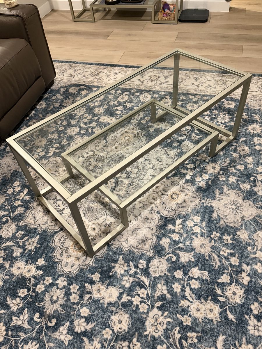 Set- 2 Silver Glass Top Tables (coffee table and tall accent table