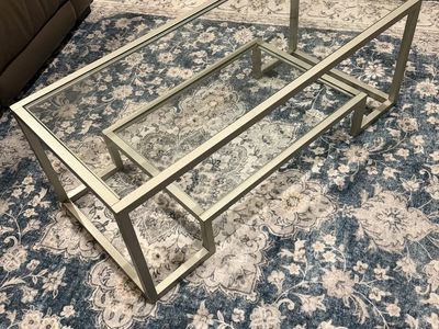Set- 2 Silver Glass Top Tables (coffee table and tall accent table