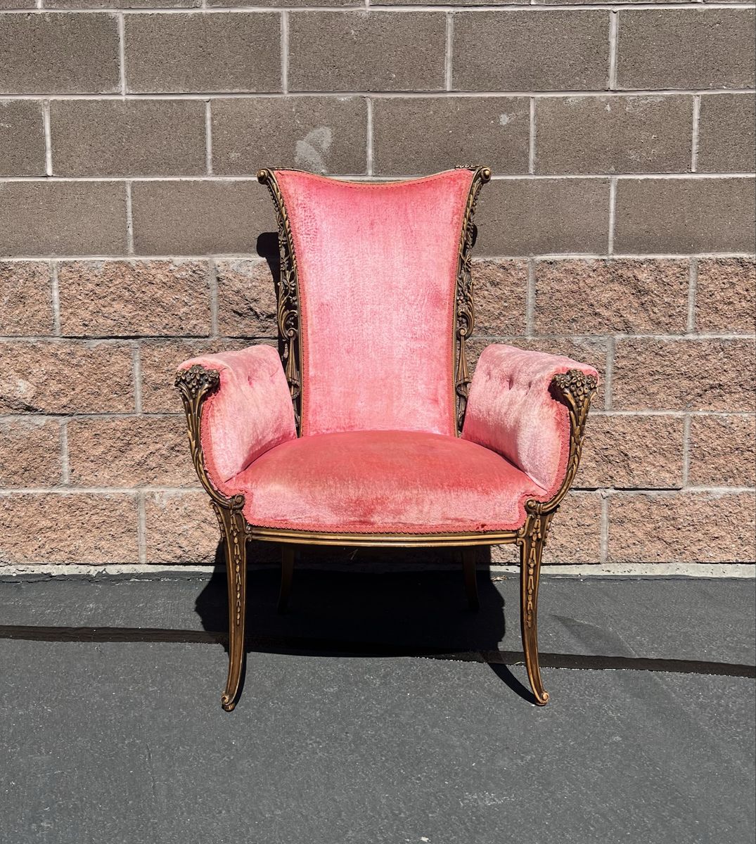Vintage Pink Velvet Carved Wood Parlor Arm Chair