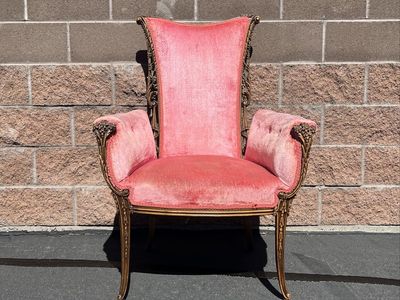 Vintage Pink Velvet Carved Wood Parlor Arm Chair