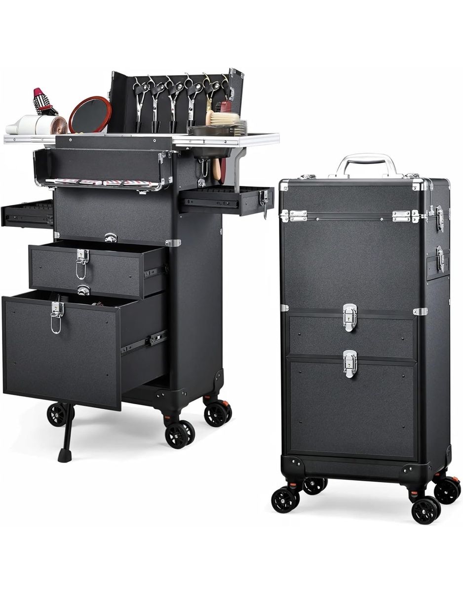 Portable Rolling Salon Station with Worktop Tray and 4 Drawers