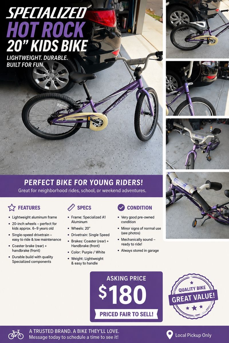 Specialized Hotrock 20" Kids Bike - Purple/White, Lightweight Aluminum Frame, Single Speed