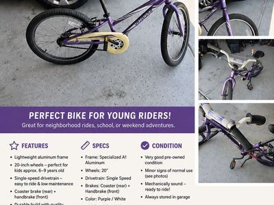 Specialized Hotrock 20" Kids Bike - Purple/White, Lightweight Aluminum Frame, Single Speed