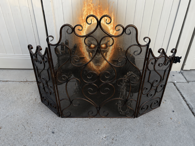 Wrought Iron Fire Guard 3 panel folding see through decorative metal fireplace screen. $400