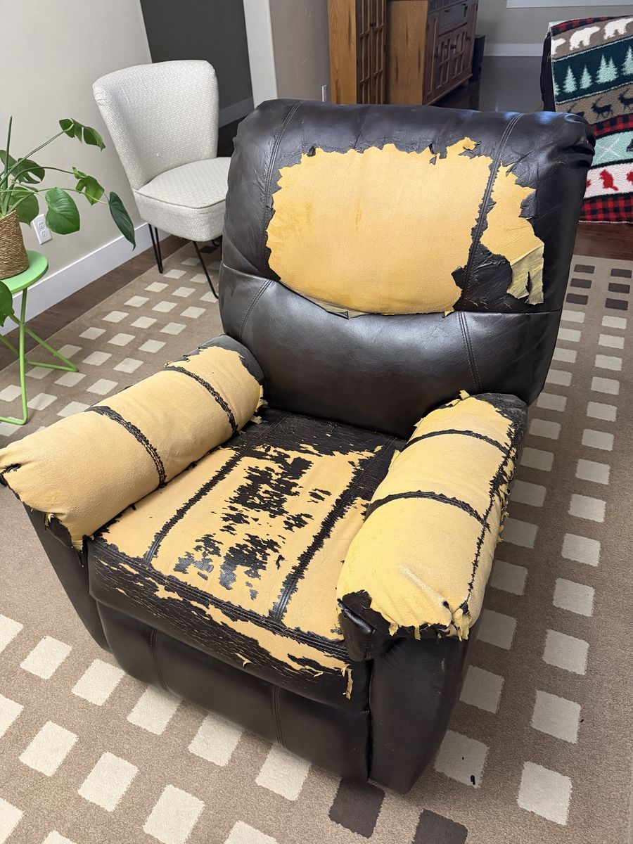 Brown Faux Leather Reclining Armchair - Heavily Worn / Needs Cover