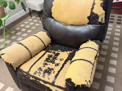 Brown Faux Leather Reclining Armchair - Heavily Worn / Needs Cover