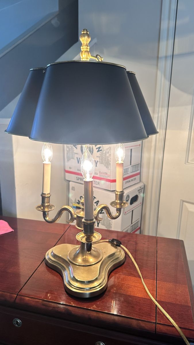 Authentic Frederick Cooper Chicago 3-light brass bouillotte table lamp.