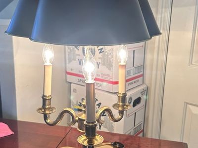 Authentic Frederick Cooper Chicago 3-light brass bouillotte table lamp.