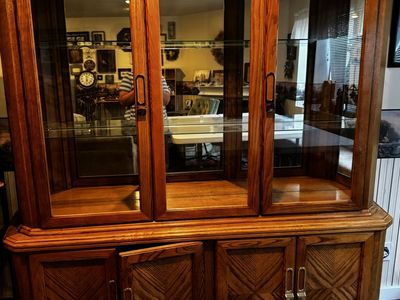 Vintage Wooden China Cabinet & Hutch with Glass Display Shelves and Storage Basehutch. With lighting.