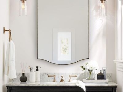 Gold Bathroom Mirror, 24"x36" Brushed Brass Scalloped Wall Mirror in Stainless Steel Metal Frame, Unique Vanity Mirror with Mode