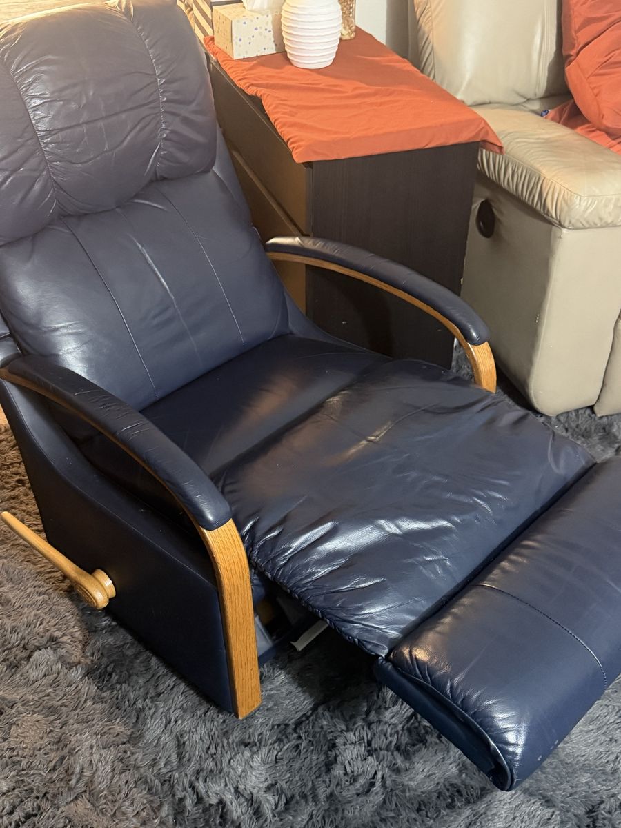 Used Blue Leather Recliner with Wooden Accents
