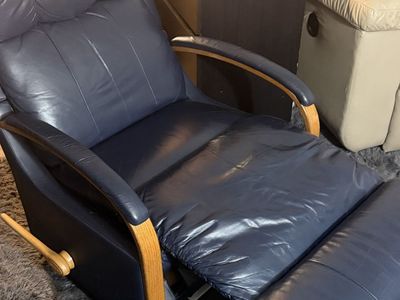 Used Blue Leather Recliner with Wooden Accents