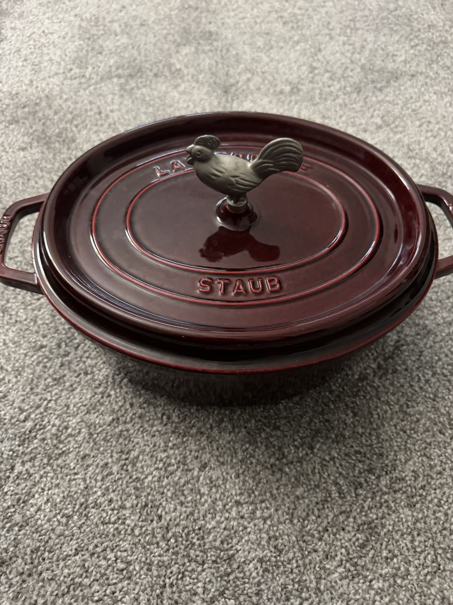 Staub Cast Iron oval Cocotte Dutch Oven Dark Red with Rooster Knob
