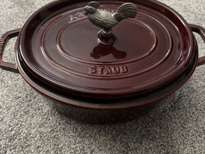 Staub Cast Iron oval Cocotte Dutch Oven Dark Red with Rooster Knob