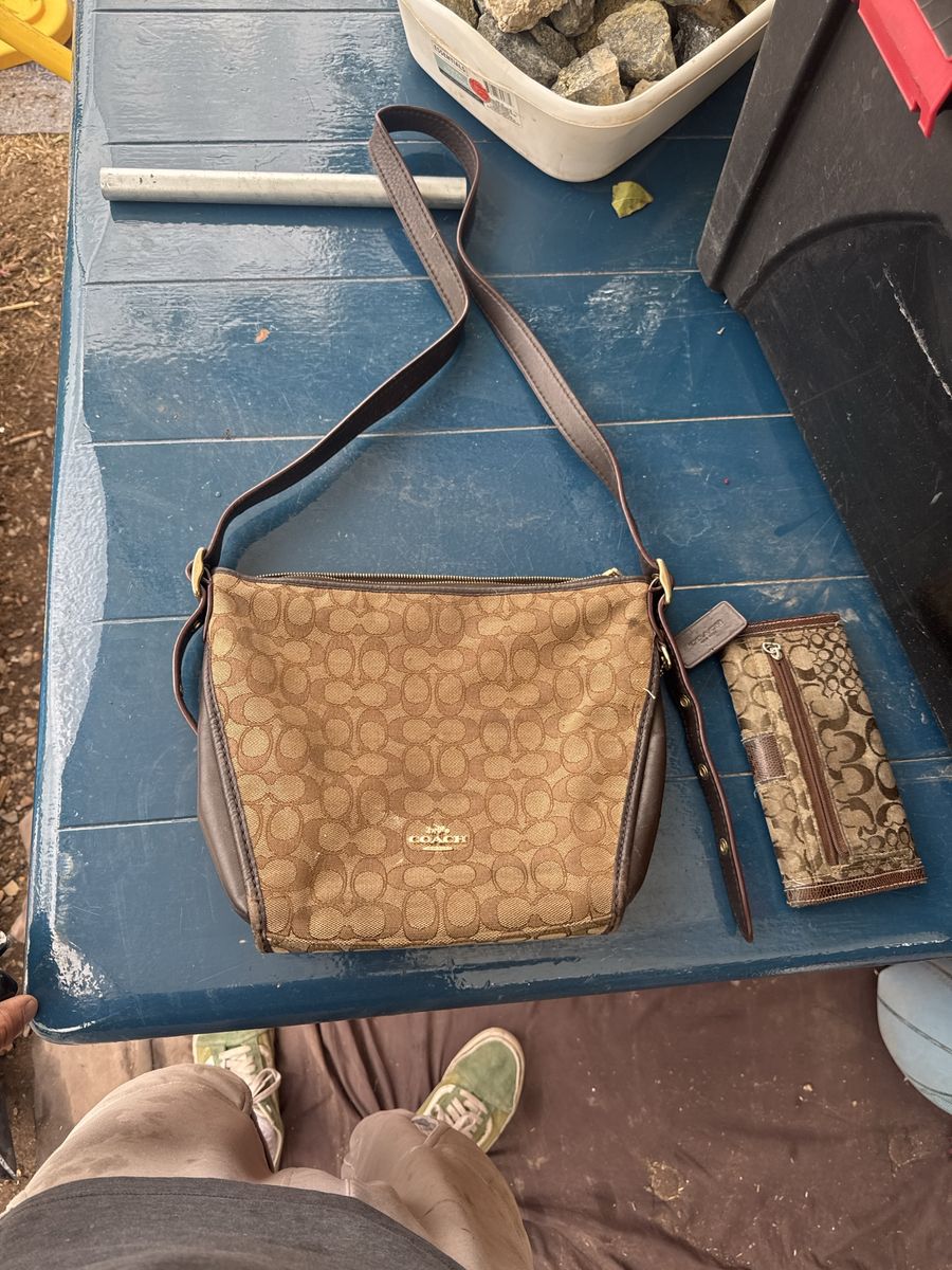 Authentic Coach Signature Brown Jacquard Crossbody Shoulder Bag with Matching Wallet Set