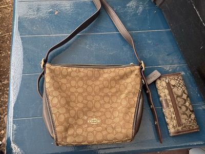 Authentic Coach Signature Brown Jacquard Crossbody Shoulder Bag with Matching Wallet Set