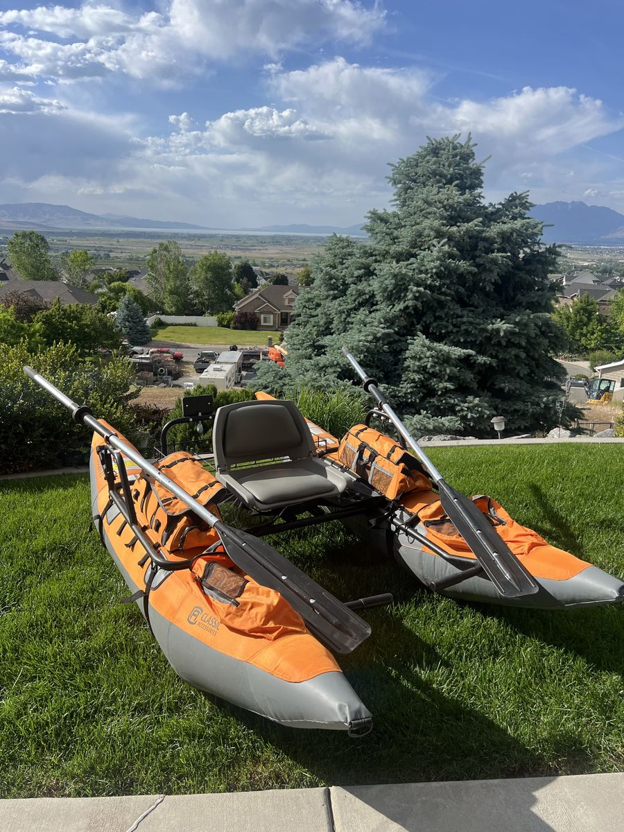 Classic Accessories Colorado XT Inflatable Fishing Pontoon Boat with Oars & Storage.  Used 2 times.