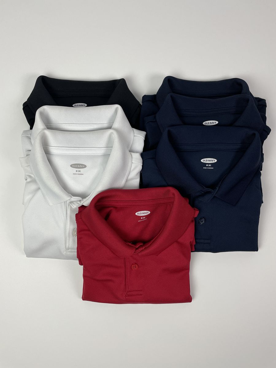 Set of 6 OLD NAVY School Uniform Polo Shirts - White, Navy Blue, Black, Red - BOYS Size M (8)