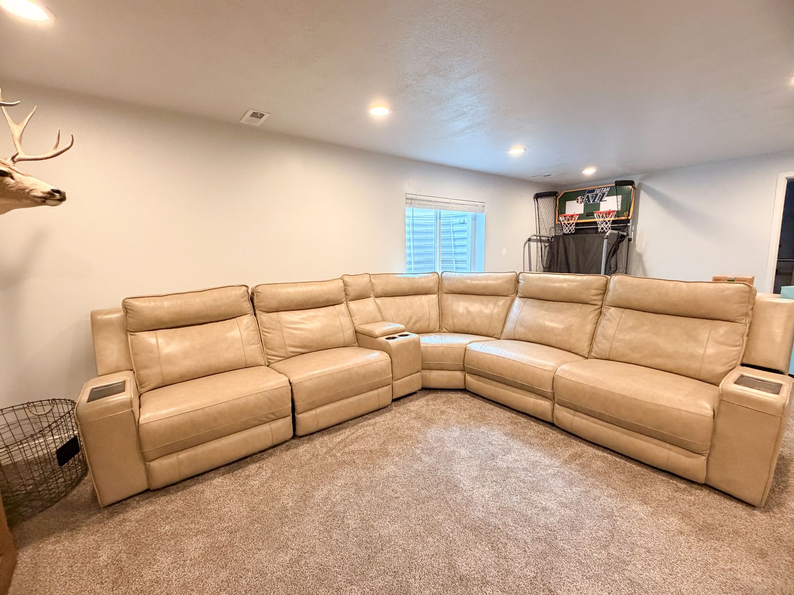 Tan Leather Power Reclining Sectional with Tech Console