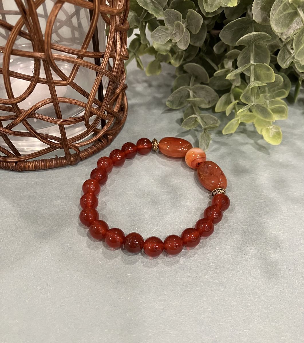 Brass & Carnelian Gemstone Beaded Stretch Bracelet