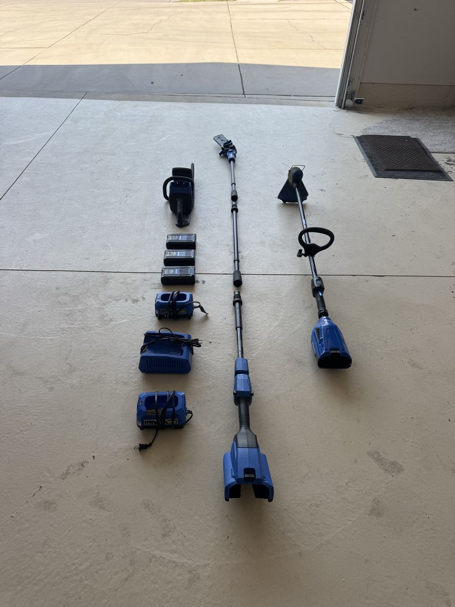 Kobalt 40v string trimmer, pole saw, chainsaw, 3 batteries, and 3 chargers