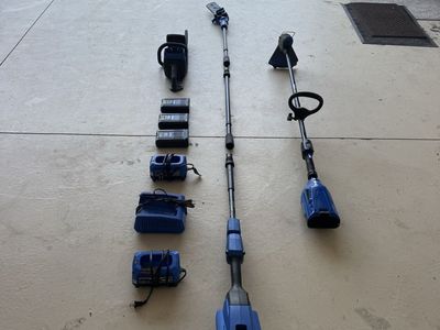 Kobalt 40v string trimmer, pole saw, chainsaw, 3 batteries, and 3 chargers