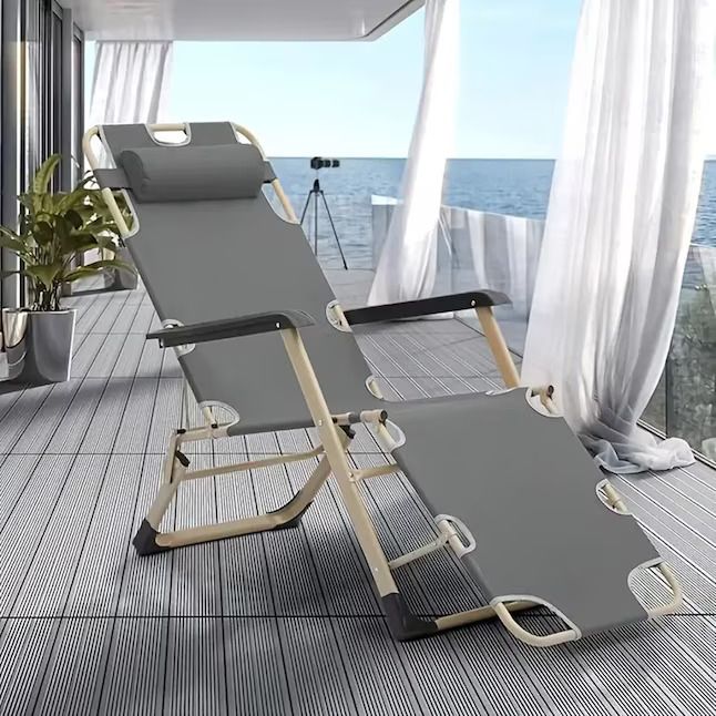 Folding waterproof terrace lounge chair Beige & Gray Metal Frame Recliner Chair with Mesh Seat and Light Gray Cushions