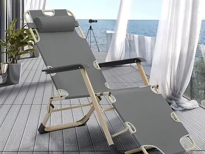 Folding waterproof terrace lounge chair Beige & Gray Metal Frame Recliner Chair with Mesh Seat and Light Gray Cushions