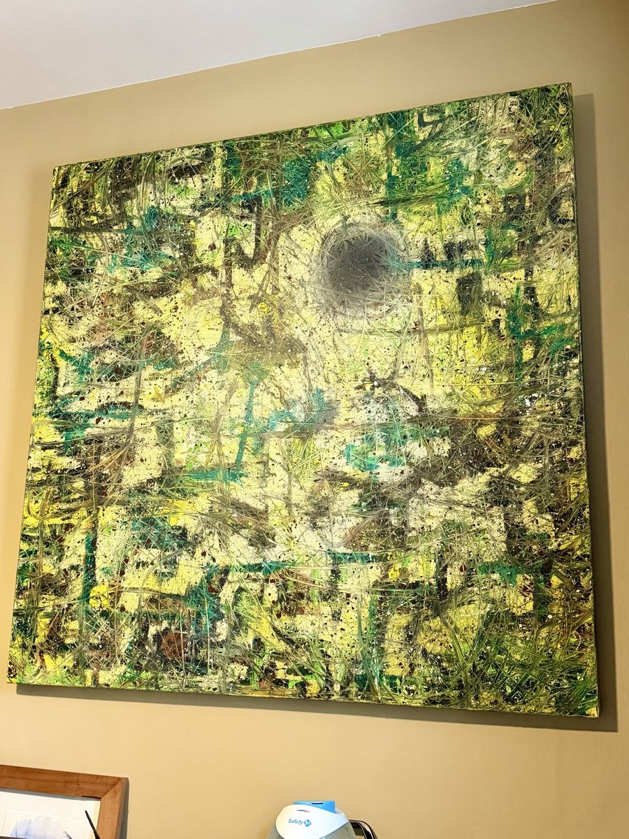 Large Abstract Expressionist Drip Painting - Green, Yellow & Black Wall Art on Canvas 4x4 ft