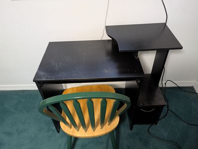 Black Computer Desk with Elevated Shelf and Storage Drawer
