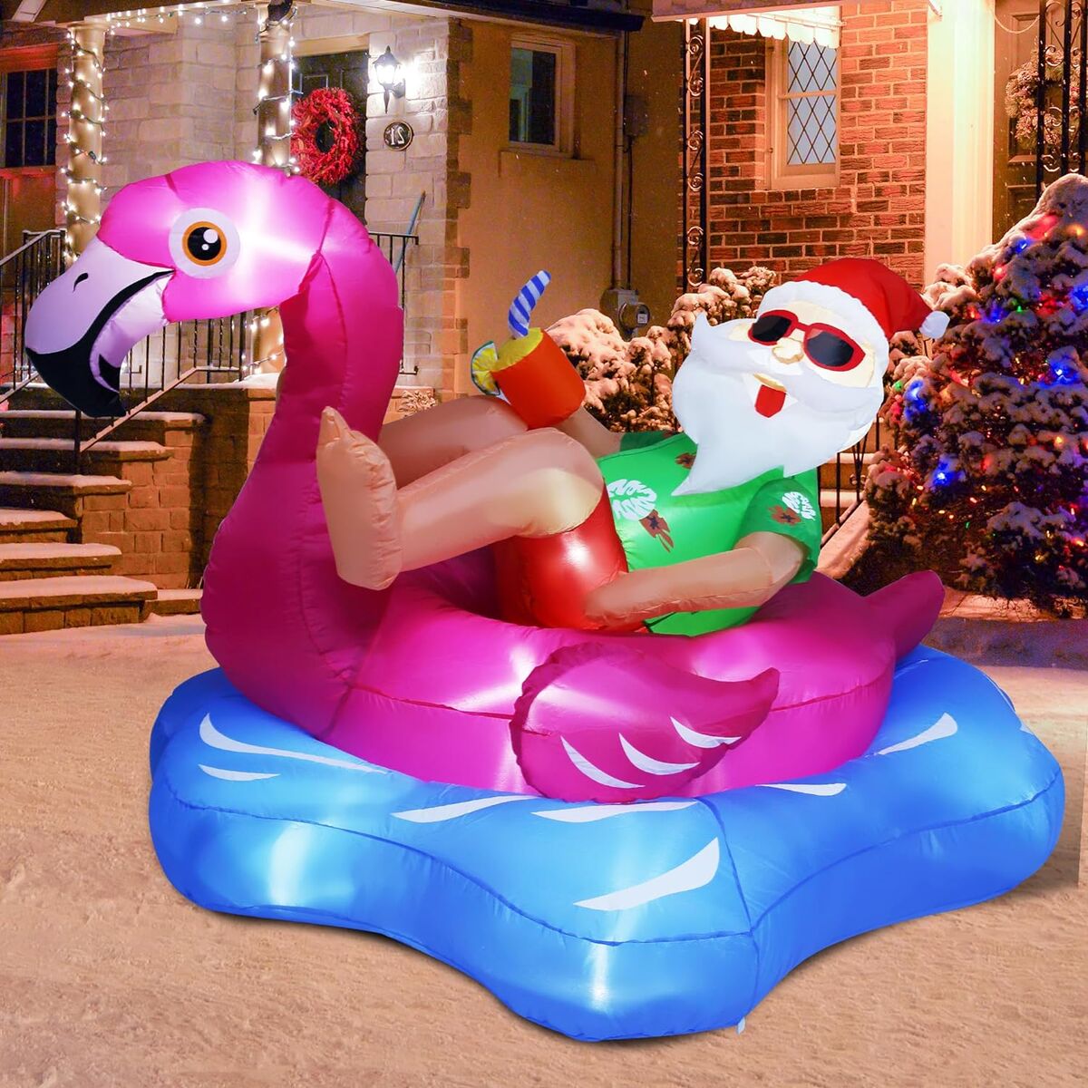 Inflatable 8ft Hawaiian  Santa on Flamingo Pool Float Christmas Decoration #96377