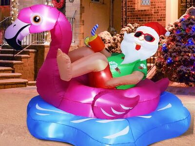 Inflatable 8ft Hawaiian Santa on Flamingo Pool Float Christmas Decoration #96377