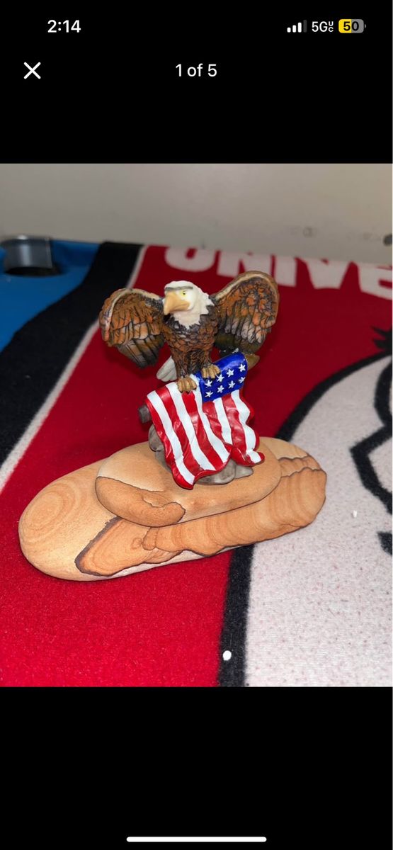 Patriotic Bald Eagle Figurine with American Flag on Stone Base - Collectible Decor