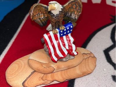 Patriotic Bald Eagle Figurine with American Flag on Stone Base - Collectible Decor
