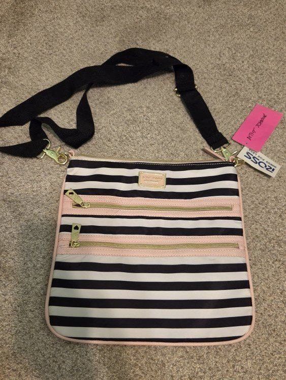 Betsey Johnson Black and White Striped Crossbody Bag with Pink Trim NWT
