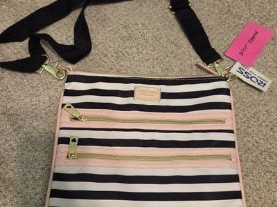 Betsey Johnson Black and White Striped Crossbody Bag with Pink Trim NWT